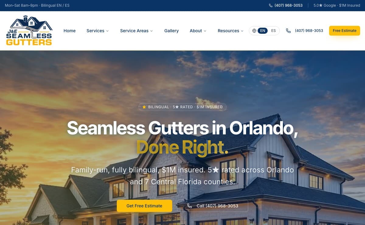 J&E Seamless Gutters website