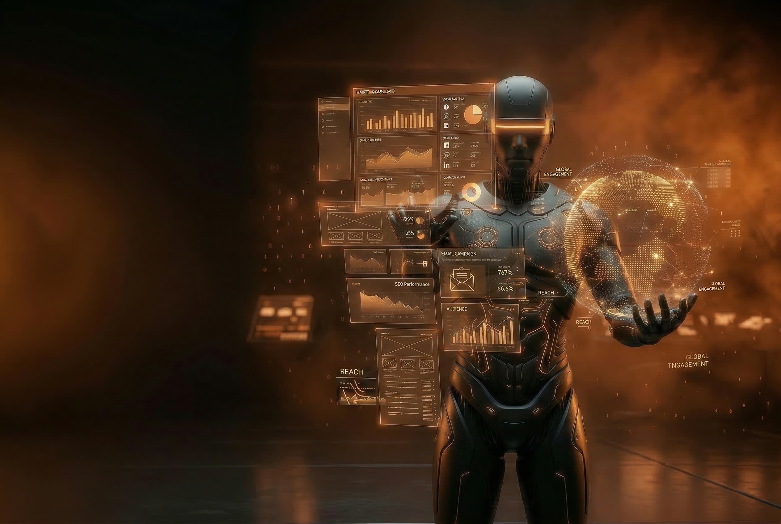 Agente de IA futurista con dashboards holograficos de marketing en Orlando