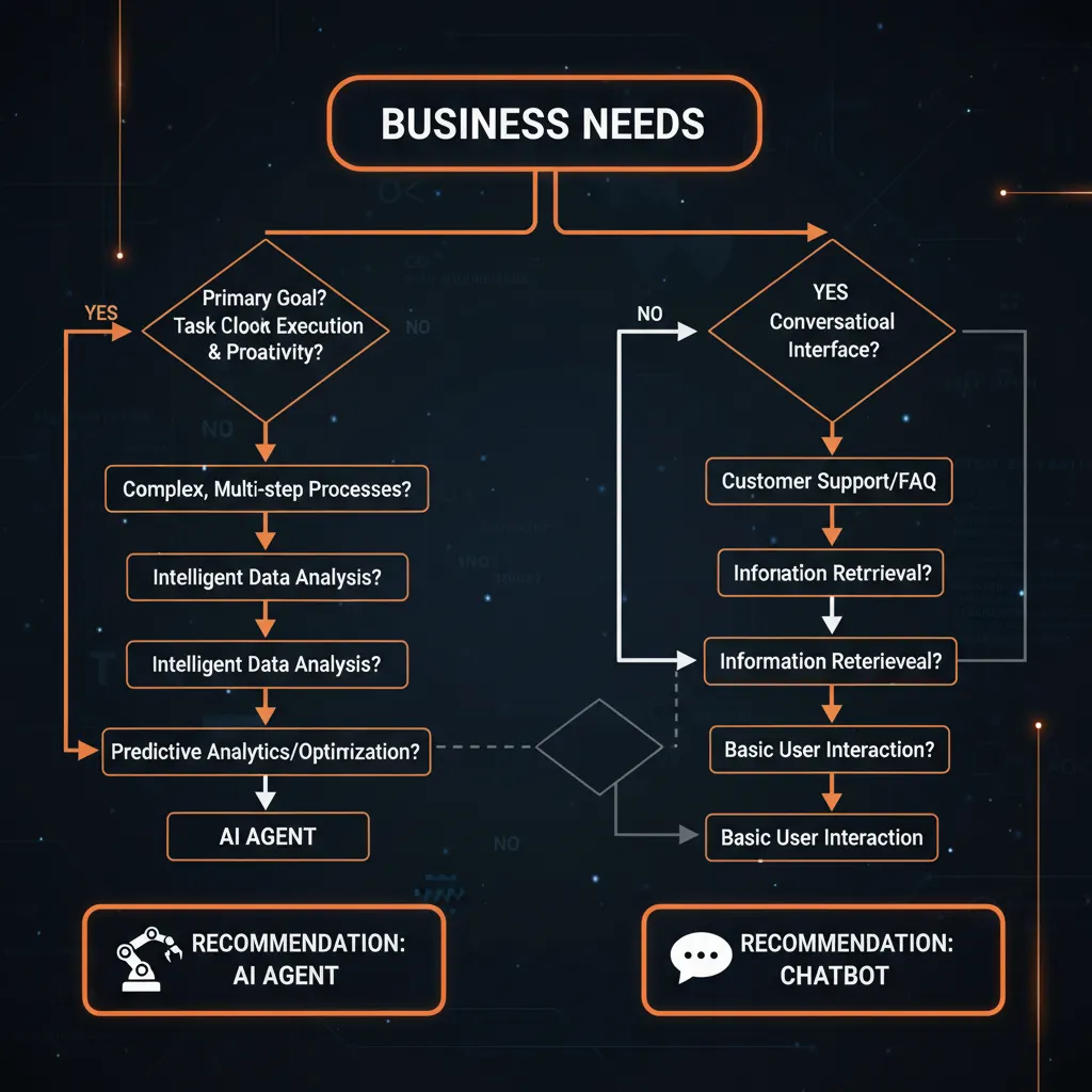 Diagrama de decisión para elegir entre chatbot y agente de IA según tipo de negocio